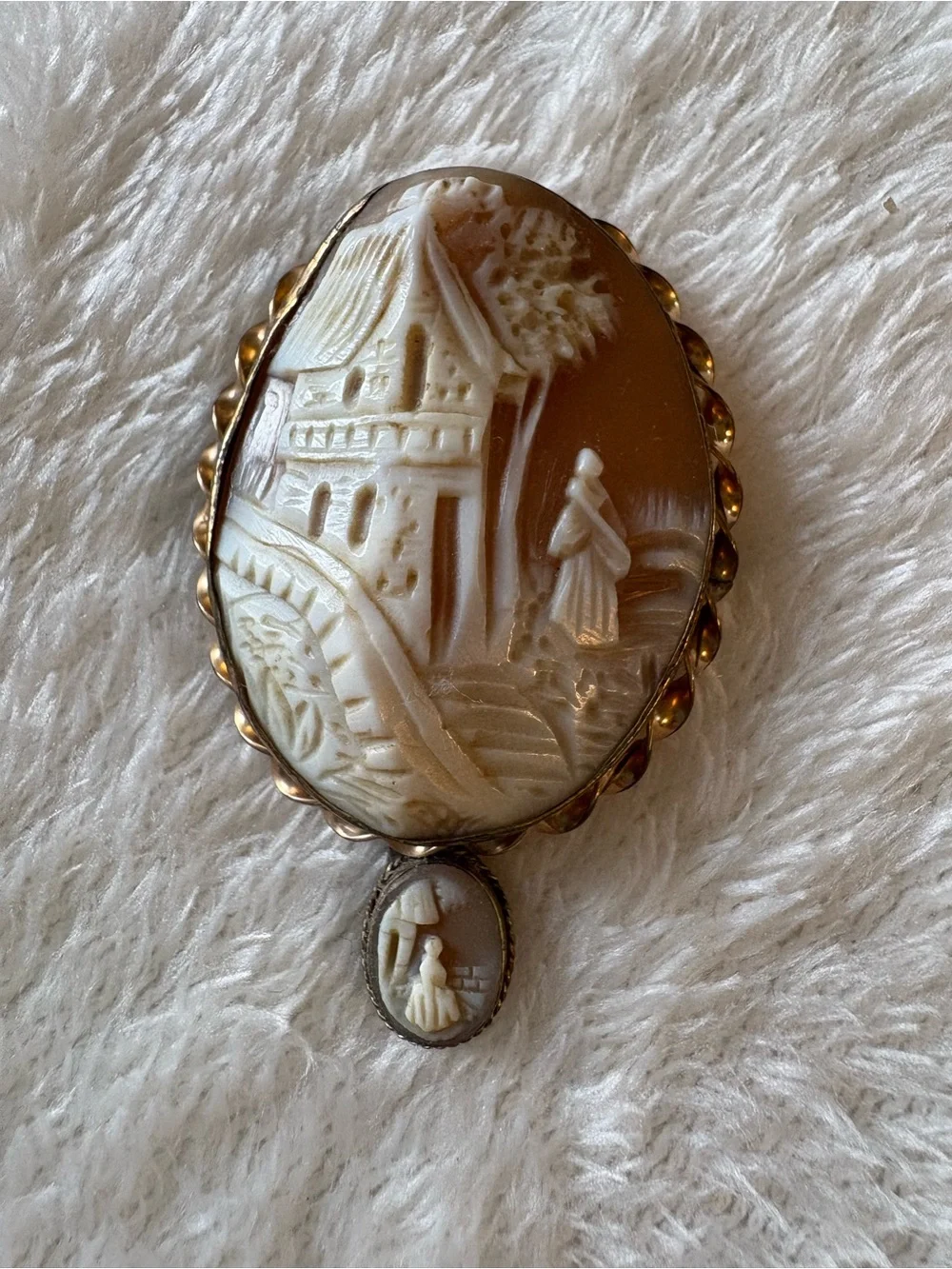 Raised Carved vintage Shell Cameo Brooch Pendant in Warm Peach and Cream